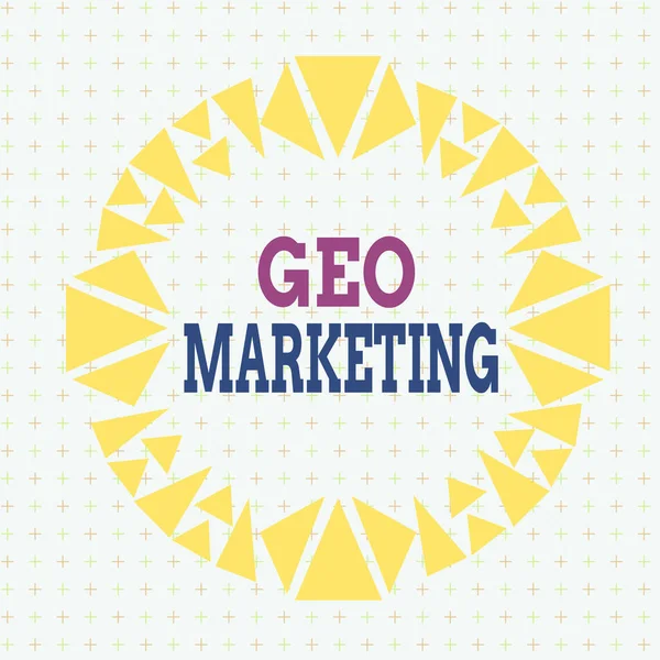 Writing note showing Geo Marketing. Business photo showcasing the geolocated marketing techniques to get new clients Asymmetrical uneven shaped pattern object multicolour design.