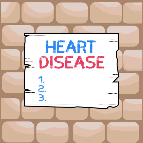 Handwriting text writing Heart Disease. Concept meaning class of diseases that involve the heart or blood vessels Wooden square plank empty frame slots grooves wood panel colored board lumber. — Stock Photo, Image