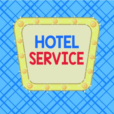 Kelime yazma otel servisi. Konuklara sıcak konaklama ve diğer hizmetleri sağlamak için iş konsepti Asimetrik biçimsiz şekil şekil nesne ana hatları çok renkli tasarım.