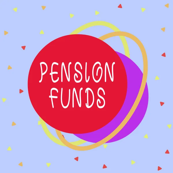 Writing note showing Pension Funds. Business photo showcasing investment pools that pay for employee retirement commitments Asymmetrical format pattern object outline multicolor design.