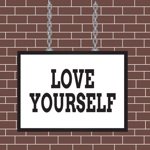 Text sign showing Love Yourself. Conceptual photo have selfrespect and the unconditional selfacceptance Whiteboard rectangle frame empty space attached surface chain blank panel. — Φωτογραφία Αρχείου