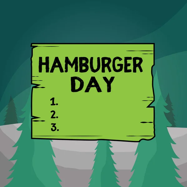 Texte écrit Hamburger Day. Concept d'entreprise pour célèbre l'histoire de ce plus irrésistible de sandwichs en bois carré planche cadre vide rainures bois panneau coloré bois de sciage . — Photo