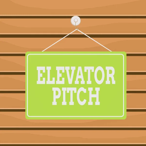Conceptual hand writing showing Elevator Pitch. Business photo text the elevator statement is a short description of an idea Memo reminder empty board attached background rectangle. — Stockfoto