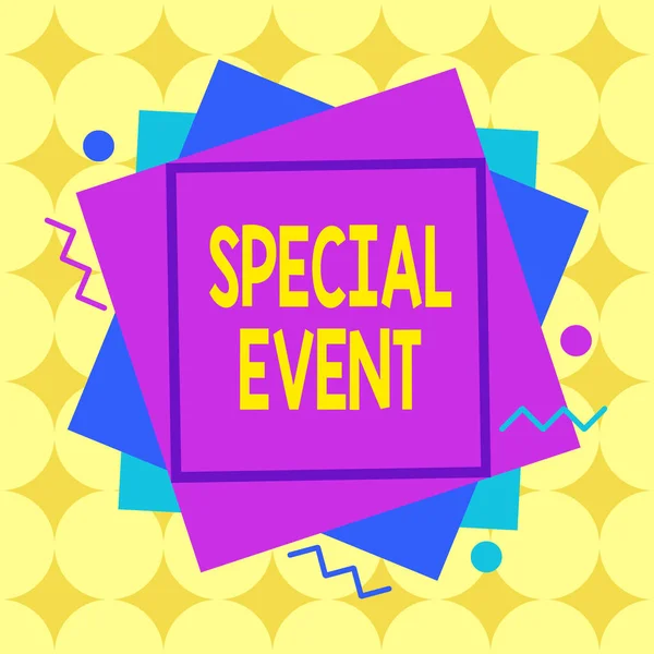 Writing note showing Special Event. Business photo showcasing activity or gathering that is planned for a special purpose Asymmetrical format pattern object outline multicolor design.