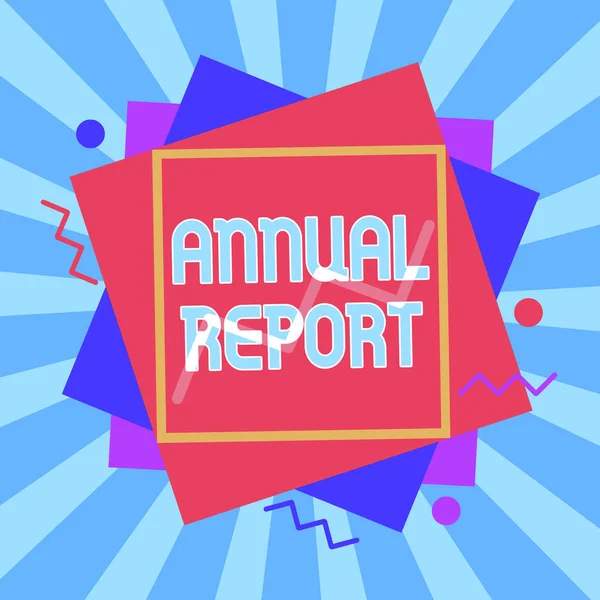 Writing note showing Annual Report. Business photo showcasing financial summary of a company activities during the year Asymmetrical format pattern object outline multicolor design.