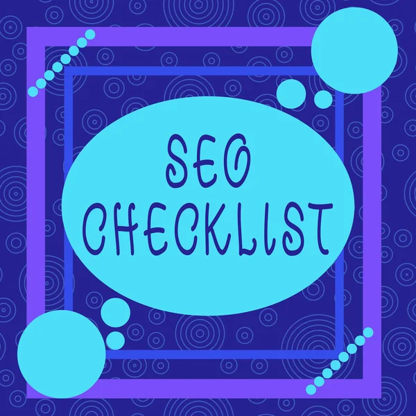 Escritura manual conceptual que muestra Seo Checklist. Lista de elementos necesarios para optimizar el motor de búsqueda Formato asimétrico patrón objeto contorno diseño multicolor . —  Fotos de Stock