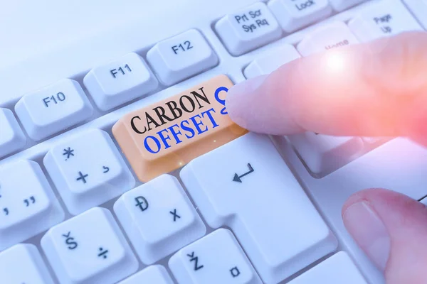 Conceptual hand writing showing Carbon Offset. Business photo showcasing Reduction in emissions of carbon dioxide or other gases.