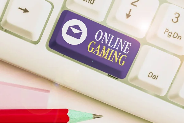 Text sign showing Online Gaming. Conceptual photo action or practice of playing video games on the internet.