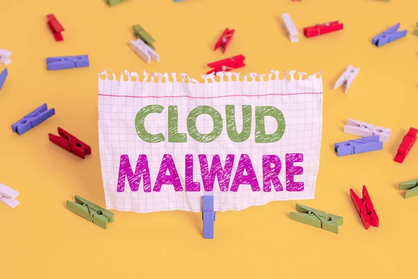 Word writing text Cloud Malware. Business concept for malicious software file or program harmful to a computer Colored clothespin papers empty reminder yellow floor background office. — Stok fotoğraf
