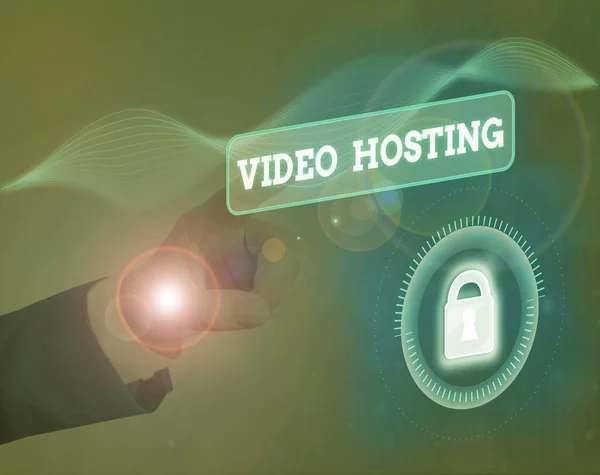 Text sign showing Video Hosting. Conceptual photo Enables users to upload and play back video content on the net. — Stock Photo, Image