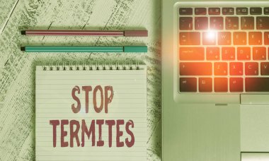 Writing note showing Stop Termites. Business photo showcasing prevent a small tropical insect from damaging the woods Metallic laptop blank ruled notepad pens lying old wooden vintage table.