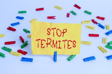 Word writing text Stop Termites. Business concept for prevent a small tropical insect from damaging the woods Colored clothespin papers empty reminder white floor background office.