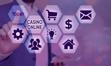 Casino Online'ı gösteren metin işareti. Kavramsal fotoğraf kumarbazlar online üzerinden casino oyunları oynayabilir ve bahis.