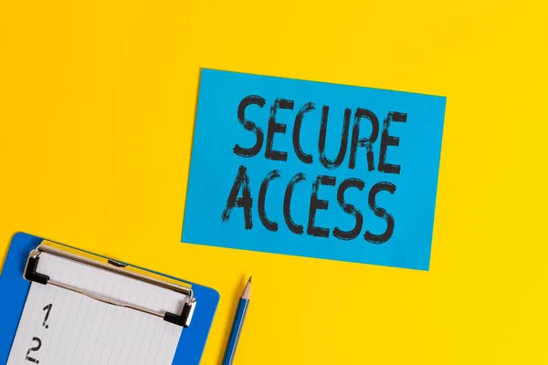Conceptual hand writing showing Secure Access. Business photo text enhance the security and cryptography performance in devices Clipboard holding paper sheet square page pen colored background. — Stockfoto