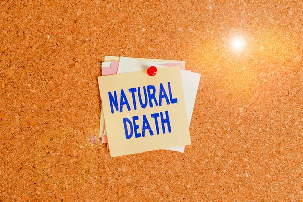 Text sign showing Natural Death. Conceptual photo occurring in the course of nature and from natural causes Corkboard color size paper pin thumbtack tack sheet billboard notice board. — Stock Photo, Image