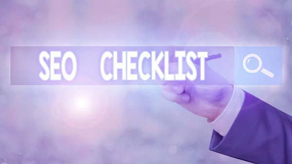 Escritura manual conceptual que muestra Seo Checklist. Lista de texto de fotos de negocios de los elementos necesarios para optimizar el motor de búsqueda . —  Fotos de Stock