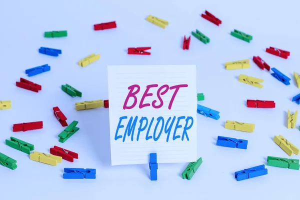 Conceptual hand writing showing Best Employer. Business photo showcasing creating a culture where employees feel valued and appreciated Colored clothespin papers empty reminder white floor office.
