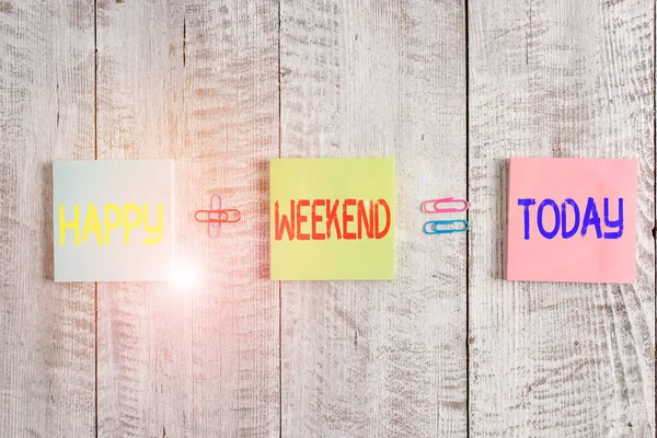 Text sign showing Happy Weekend. Conceptual photo wishing someone to have a blissful weekend or holiday Pastel colour note paper placed next to stationary above the wooden table. — Zdjęcie stockowe