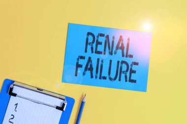 Böbrek yetmezliğini gösteren kavramsal el yazısı. Böbreklerin artık çalışmadığı iş fotoğrafı metni sağlık durumu. Kağıt sayfa kare sayfa kalem renkli arkaplan tutan pano..