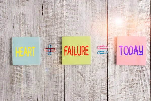 Text sign showing Heart Failure. Conceptual photo the severe failure of the heart to function properly Pastel colour note paper placed next to stationary above the wooden table.