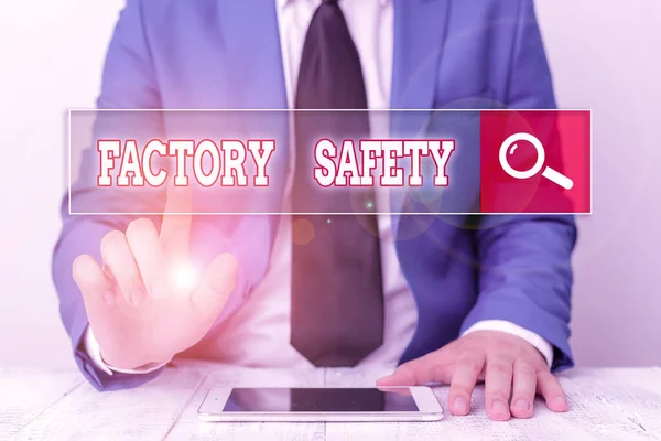 Word writing text Factory Safety. Business concept for minimize risk of worker injury while doing production tasks.