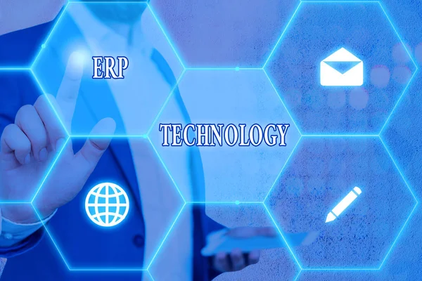 Conceptual hand writing showing Erp Technology. Business photo showcasing the integrated management of main business processes.