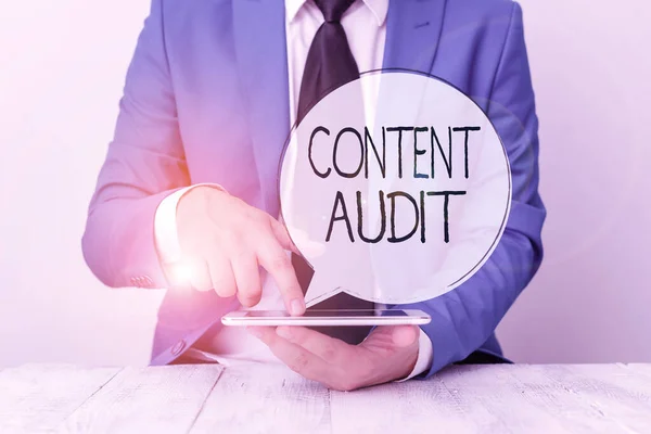 Handwriting text Content Audit. Concept meaning process of evaluating content elements and information Businessman with pointing finger in front of him. — Stockfoto