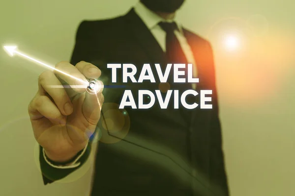 Segno di testo che mostra consigli di viaggio. Foto concettuale Suggerimenti relativi al viaggio responsabile nella destinazione prescelta . — Foto Stock