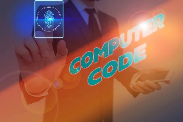 Szövegírás: Számítógépes kód. Üzleti koncepció számítógépes programot alkotó utasítások végrehajtásához. — Stock Fotó