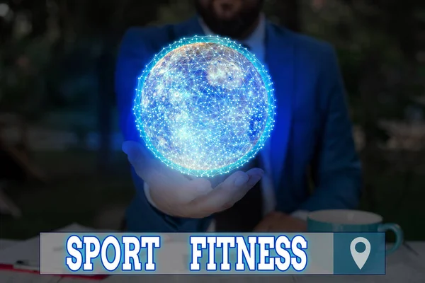 Tekst schrijven Sport Fitness. Business concept voor het conditioneren van atleten voor de unieke eisen van hun sport Elementen van dit beeld ingericht door Nasa. — Stockfoto