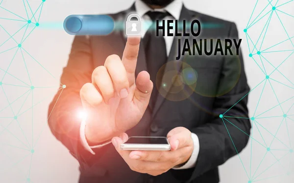 Handschriftliches Textschreiben Hallo Januar. Konzept bedeutet einen Gruß oder ein herzliches Willkommen im ersten Monat des Jahres. — Stockfoto