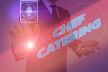 Kelime yazma aşçısı yemek servisi. Çeşitli etkinlikler için hizmet, yiyecek ve içecekler sağlama konsepti.