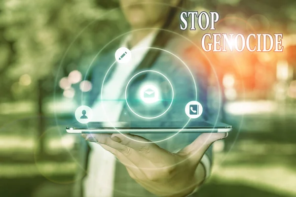 Signe texte montrant Stop au génocide. Photo conceptuelle pour mettre fin aux meurtres et atrocités de montrer . — Photo