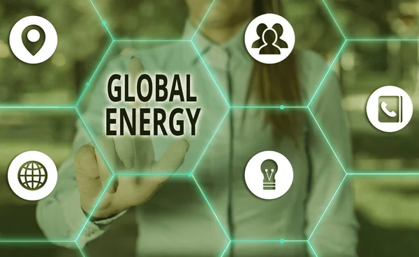 Texto de caligrafia Global Energy. Conceito significado Poder mundial a partir de fontes como eletricidade e carvão . — Fotografia de Stock