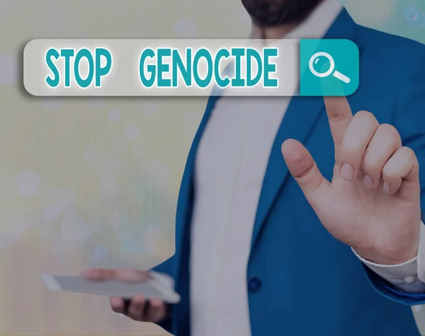 Escritura manual conceptual que muestra Stop Genocide. Texto de foto de negocios para poner fin a los asesinatos y atrocidades de mostrar . — Foto de Stock