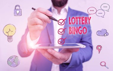 Writing note showing Lottery Bingo. Business photo showcasing game of chance in which each player matches numbers printed.