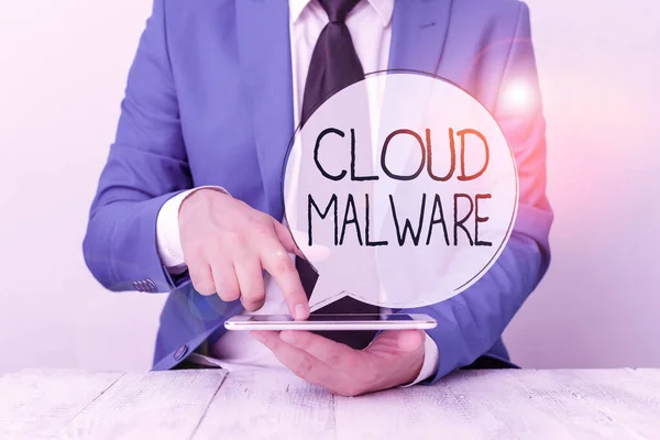 Handwriting text Cloud Malware. Concept meaning malicious software file or program harmful to a computer Businessman with pointing finger in front of him. — Stok fotoğraf