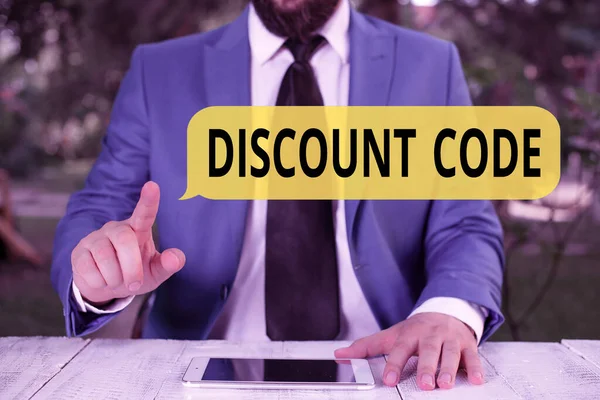 Handwriting text Discount Code. Concept meaning Series of letters or numbers that allow you to get a discount Businessman with pointing finger in front of him. — 스톡 사진