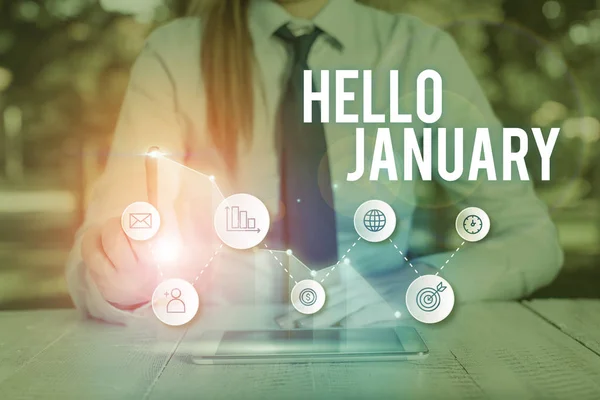 Texto de escritura de palabras Hola enero. Concepto de negocio para un saludo o una cálida bienvenida al primer mes del año . — Foto de Stock