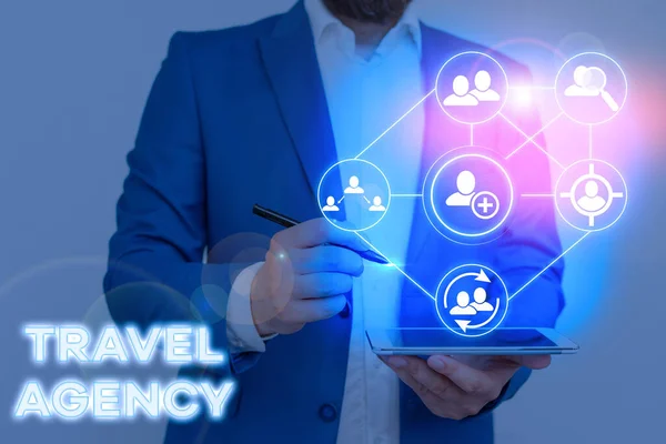 Kézírás szövege utazási iroda. Koncepció jelenti Ügynökség, amely a szükséges intézkedéseket az utazók. — Stock Fotó