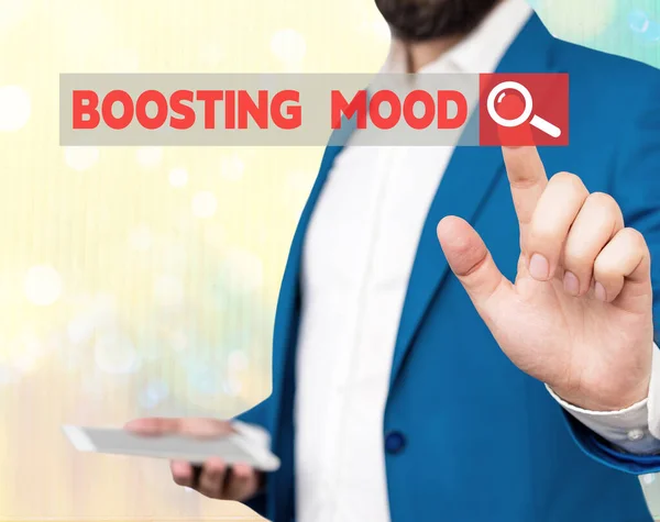 Texto de escritura de palabras Boosting Mood. Concepto de negocio para hacer que alguien se sienta más positivo o más seguro . — Foto de Stock