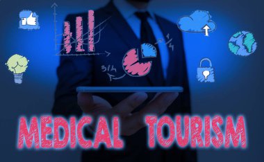 Writing note showing Medical Tourism. Business photo showcasing traveling outside the country to receive medical care.