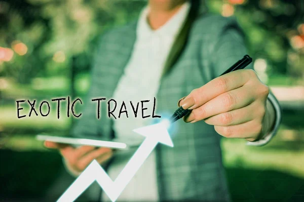 Az Egzotikus Utazást bemutató levél. Üzleti fotó bemutató Utazás szokatlan helyekre vagy ismeretlen helyekre. — Stock Fotó