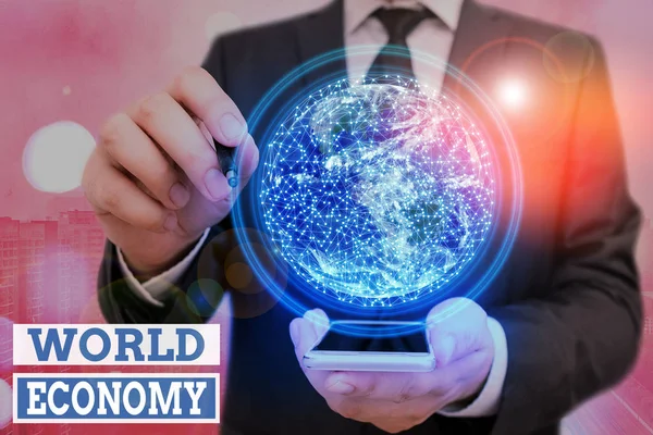 Handwriting text World Economy. Concept meaning way in which countries economy have been emerging to operate. Elements of this image furnished by NASA — Stock Photo, Image