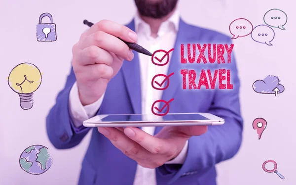 Writing note showing Luxury Travel. Business photo showcasing supreme comfort or elegance of traveling around the world.