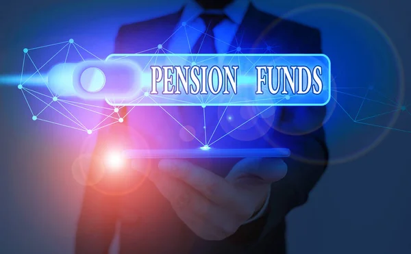 stock image Text sign showing Pension Funds. Conceptual photo investment pools that pay for employee retirement commitments.