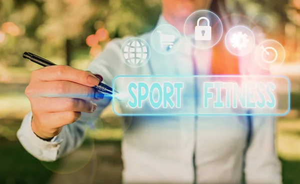 Schreibnotiz mit Sport Fitness. Business-Foto zeigt Sportler bei der Konditionierung für die einzigartigen Anforderungen ihrer Sportart. — Stockfoto