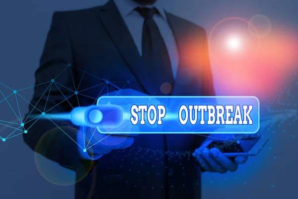Manuscrito texto escrevendo Stop Outbreak. Conceito significado prevenir incidente em que mostrando enfrentamento de uma doença semelhante . — Fotografia de Stock