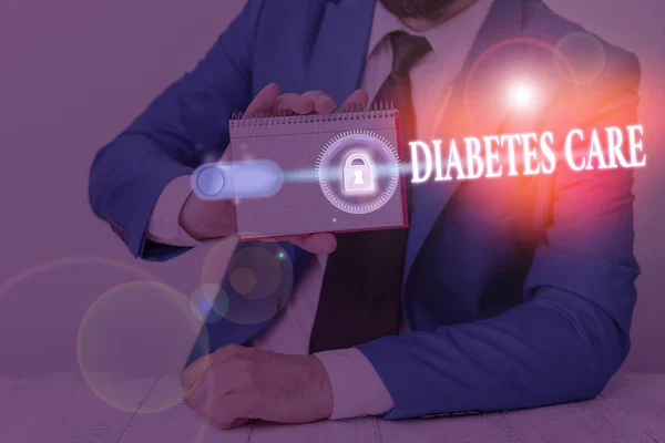 Text skylt som visar diabetes vård. Konceptuell fotodagbok för vård utövare att behandla diabetes. — Stockfoto