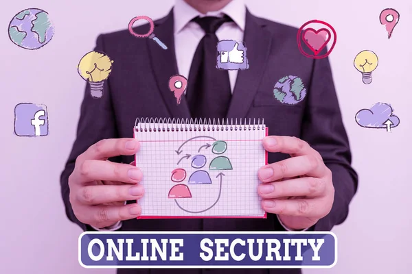 Conceptuele handschrift tonen Online Security. Zakelijke foto presentatie handeling van het waarborgen van de veiligheid van transacties online gedaan. — Stockfoto